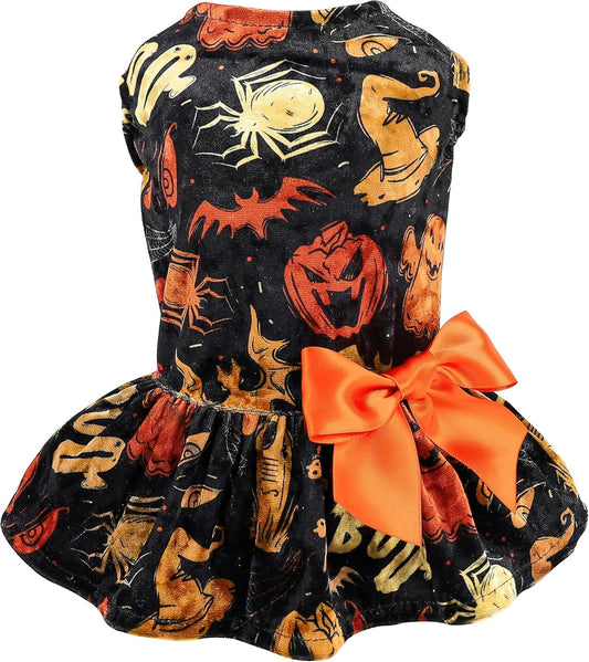 Halloween Lightweight Velvet Clothes Dog Costume Puppy Dress Doggie Party Girl One Piece with Bowknot Holiday Cat Outfits Black Xx-Small