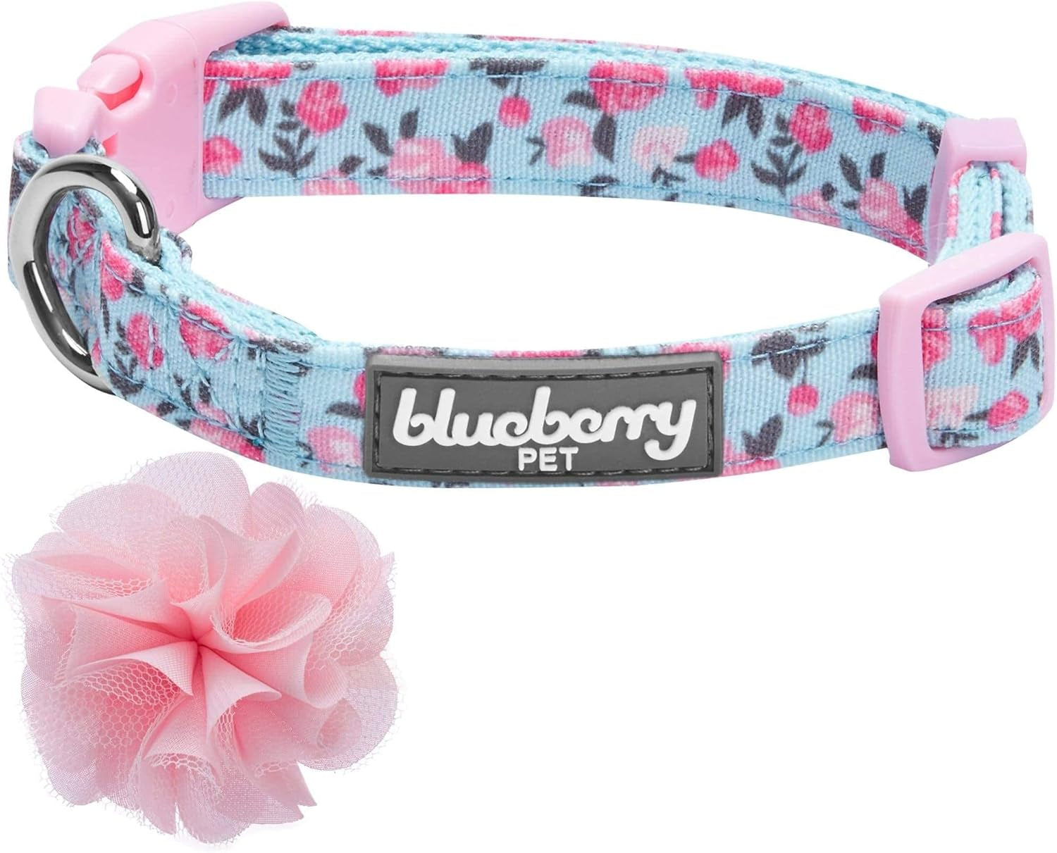 Chic Floral Adjustable Dog Collar in Light Blue with Pink Silk Flower - Perfect for Small Dogs, Neck 7.5-10"!