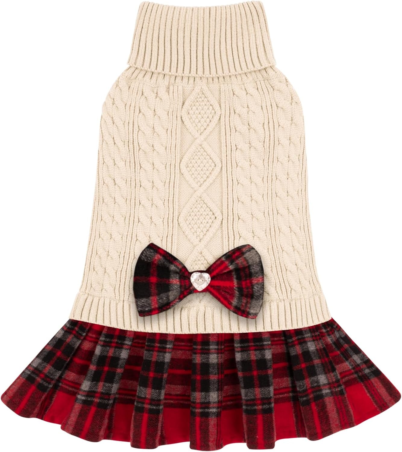 Dog Sweaters for Small Dogs Girl Soft Pet Sweater Turtleneck Small Pets Sweater with Bowtie Buffalo Check Dogs Clothes Dog Coats Pullover Knitwear Puppy Cat Sweater Pet Sweater Dress