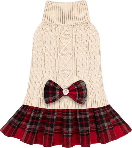 Dog Sweaters for Small Dogs Girl Soft Pet Sweater Turtleneck Small Pets Sweater with Bowtie Buffalo Check Dogs Clothes Dog Coats Pullover Knitwear Puppy Cat Sweater Pet Sweater Dress