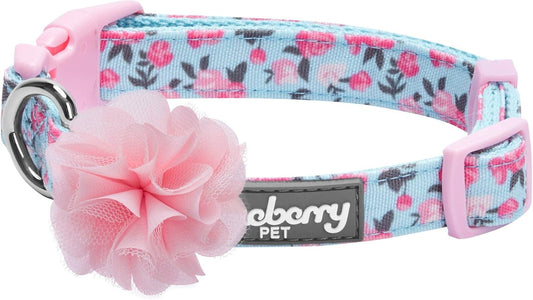Chic Floral Adjustable Dog Collar in Light Blue with Pink Silk Flower - Perfect for Small Dogs, Neck 7.5-10"!