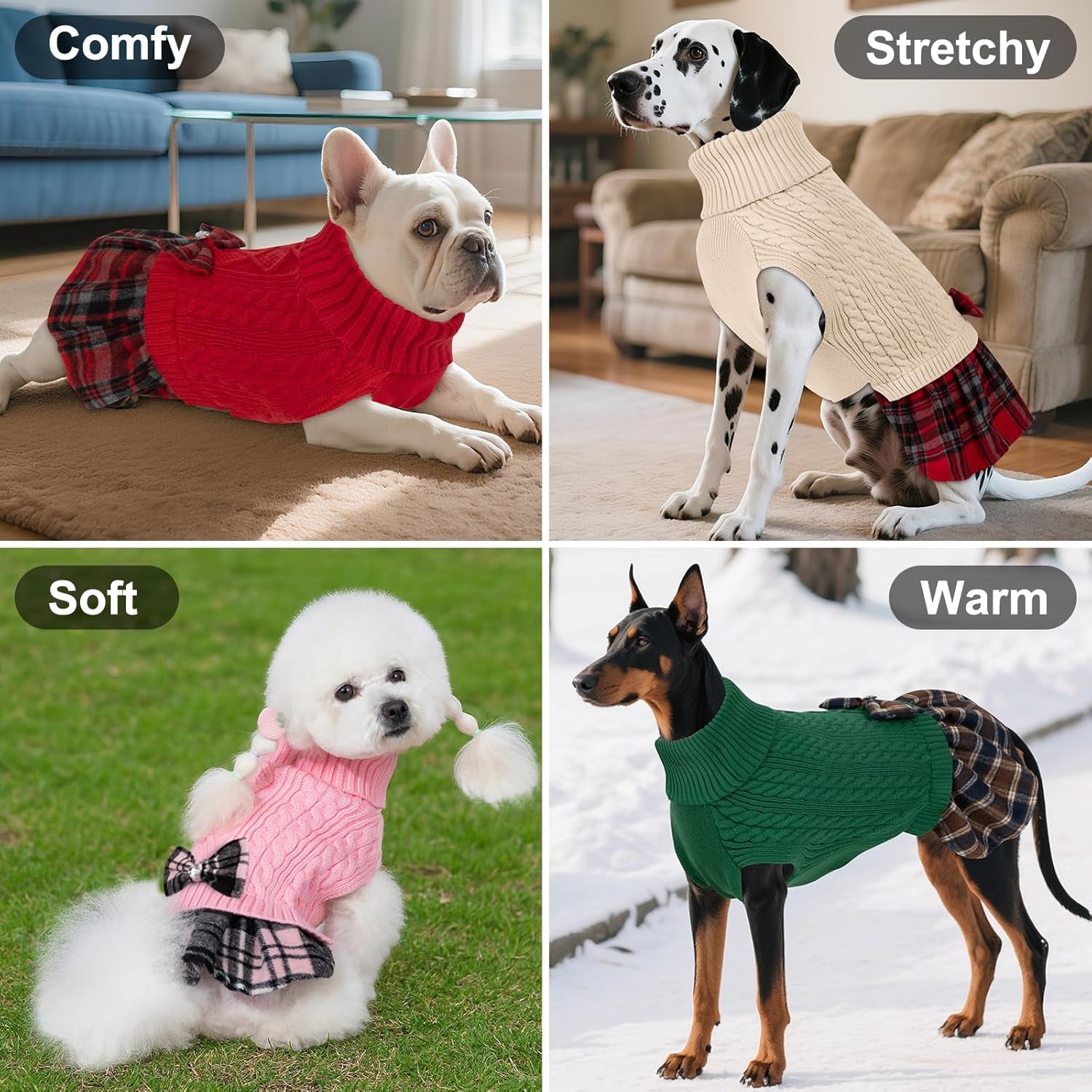 Dog Sweaters for Small Dogs Girl Soft Pet Sweater Turtleneck Small Pets Sweater with Bowtie Buffalo Check Dogs Clothes Dog Coats Pullover Knitwear Puppy Cat Sweater Pet Sweater Dress