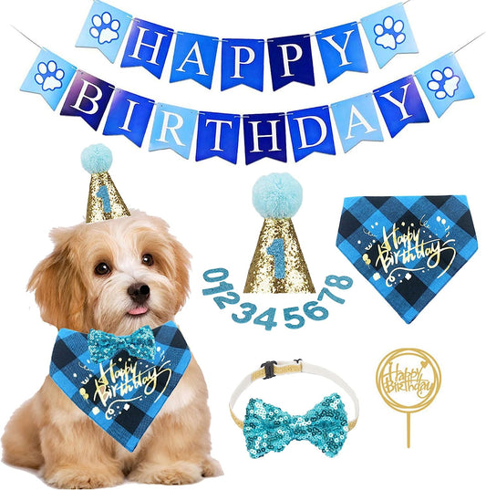 Dog Birthday Boy Bandana, Puppy 1St Birthday Party Supplies, Pet Party Hat Scarf Bowtie Banner Set for Small Medium Dogs (Small&Medium)