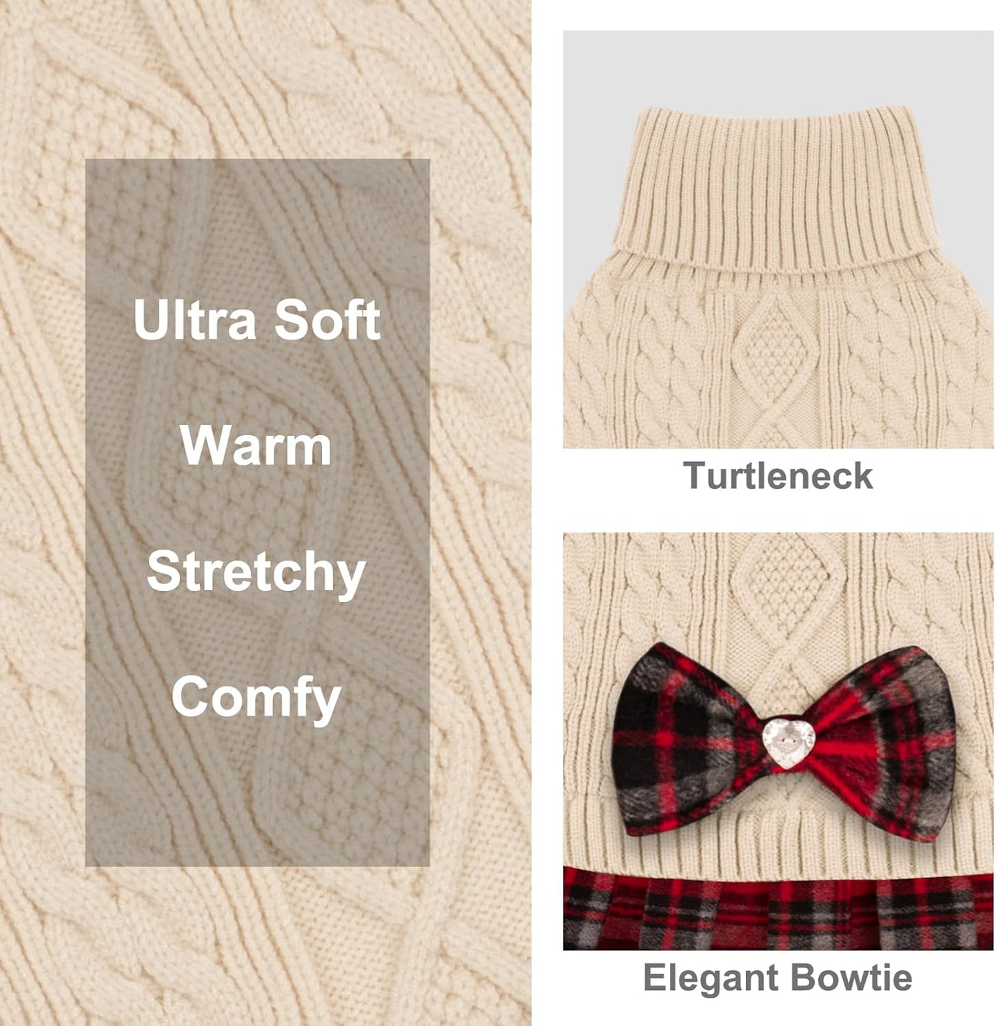 Dog Sweaters for Small Dogs Girl Soft Pet Sweater Turtleneck Small Pets Sweater with Bowtie Buffalo Check Dogs Clothes Dog Coats Pullover Knitwear Puppy Cat Sweater Pet Sweater Dress