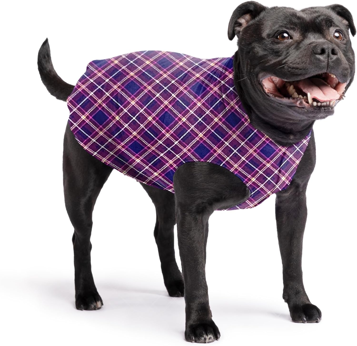 Stretch Fleece Dog Coat, Stretchy Pet Sweater, Machine Washable Pullover for Winter and Fall, Mulberry Plaid, 16