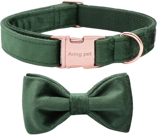 Dog Collars with Bowtie-Velvet Dog Bow Tie Collar, Adjustable Dark Green Dog Collar