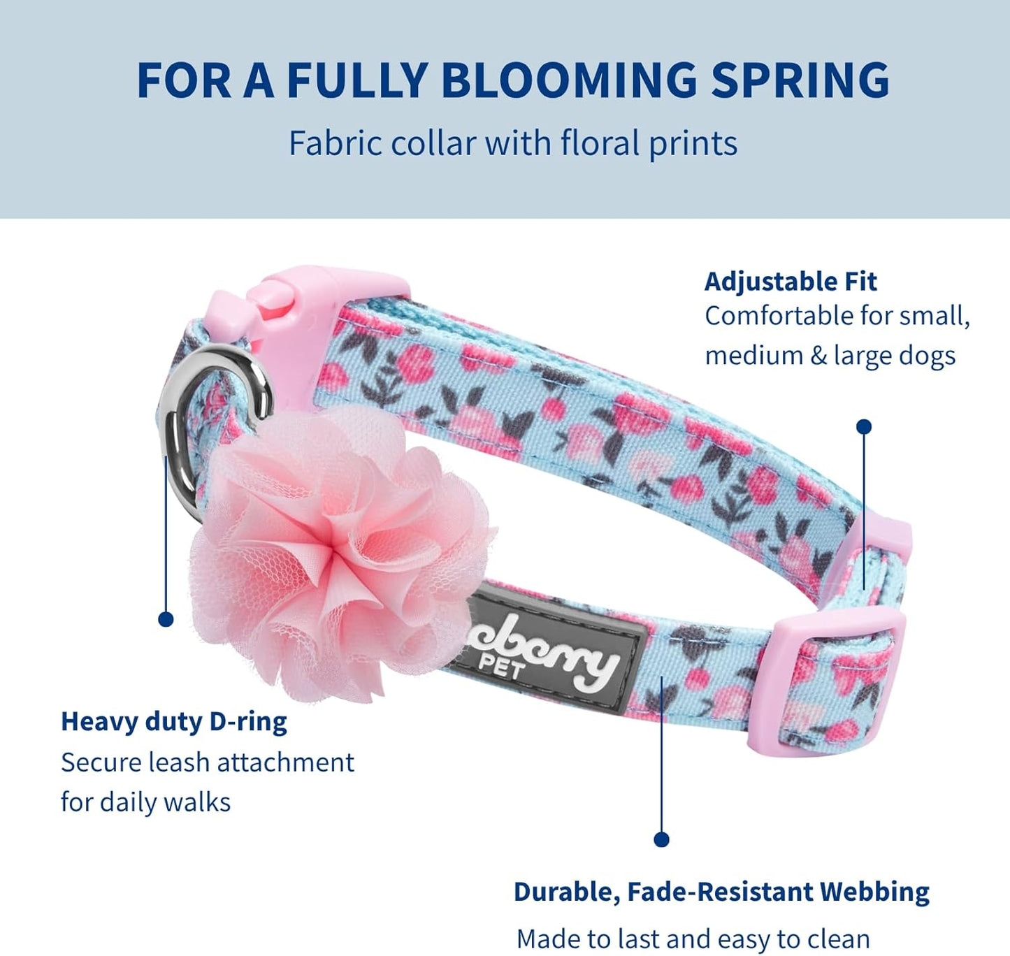 Chic Floral Adjustable Dog Collar in Light Blue with Pink Silk Flower - Perfect for Small Dogs, Neck 7.5-10"!