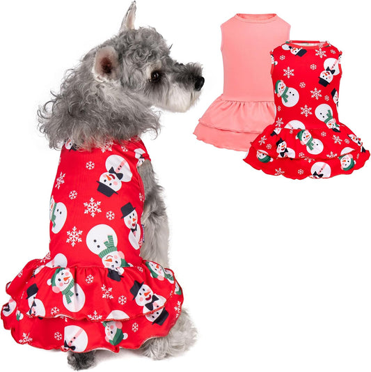 2 Pack Dog Christmas Dress Puppy Dress Soft Breathable Dog Clothes for Small Dogs Girl Snowman Holiday Outfit Pet Apparel, XS